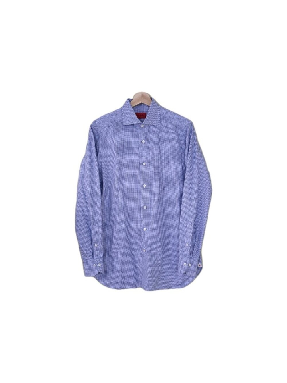 ISAIA Napoli Houndstooth Dress Shirt 15.75 40 White Blue Sartorial Office Italy